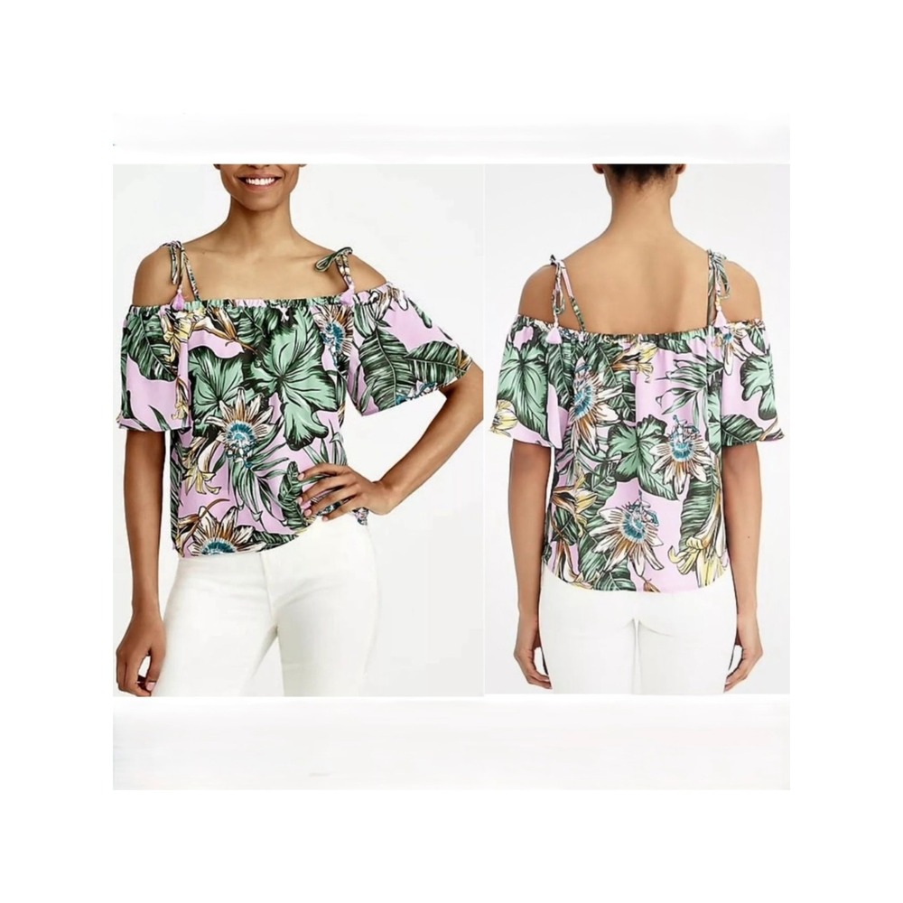 J. Crew Factory Pink Tropical Floral Cold Shoulder Tassel‎ Top Size 8 Pink Green